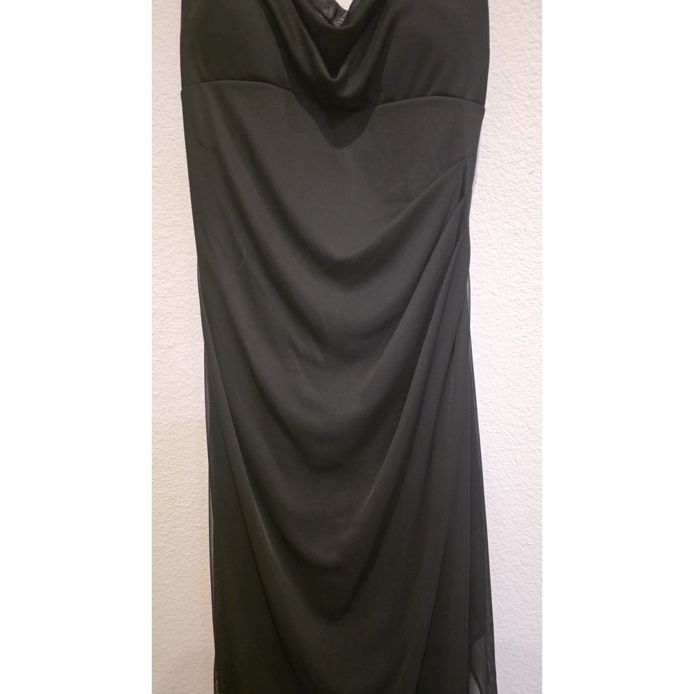 Xscape Black Lace Cap Sleeve Cowl Neck Ruched Maxi Gown Open Back Front Slit 12 - Picture 3 of 9
